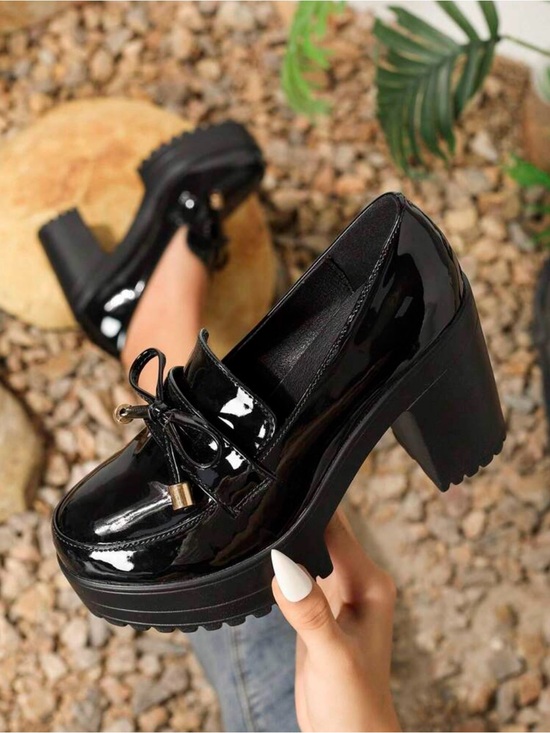 Shoes - Platform Chunky Heel Loafer - Black Patent